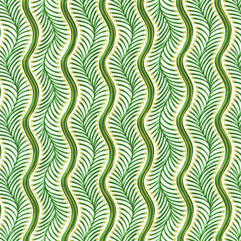 Seamless pattern of green wavy lines with leaf motifs on a white background, creating a botanical design.