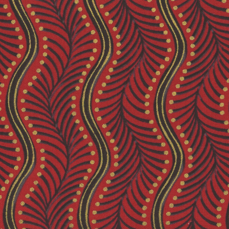 Abstract pattern featuring curved black leaves and gold dots on a vibrant red background.