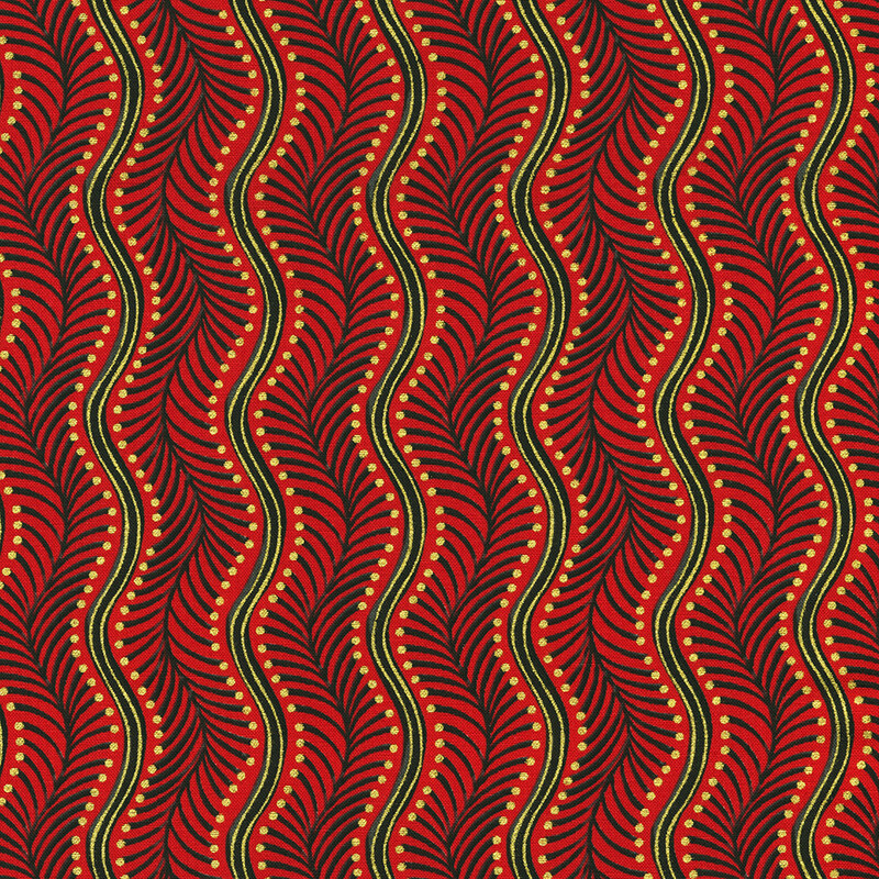 Abstract pattern featuring curved black leaves and gold dots on a vibrant red background.