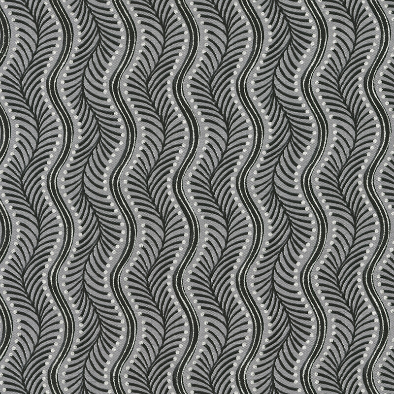 Seamless fabric pattern featuring wavy line shapes in dark gray and white.