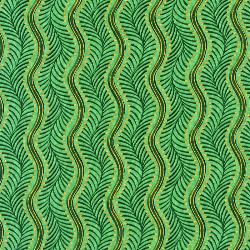 A repeating pattern of green waves with black stripes and gold dots.