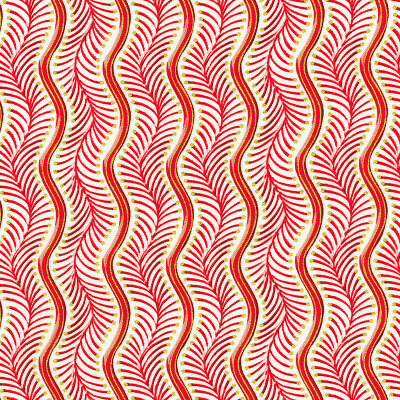 Red and cream wavy pattern featuring leaf-like shapes arranged in a vertical orientation.