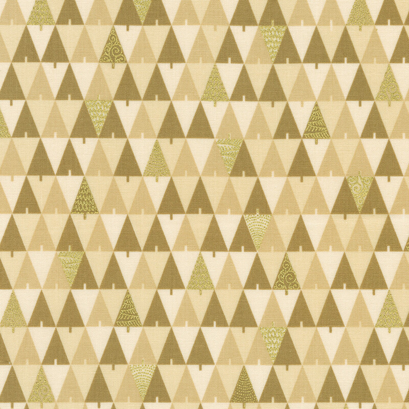 A pattern of overlapping geometric Christmas trees in shades of cream and tan on a light background.