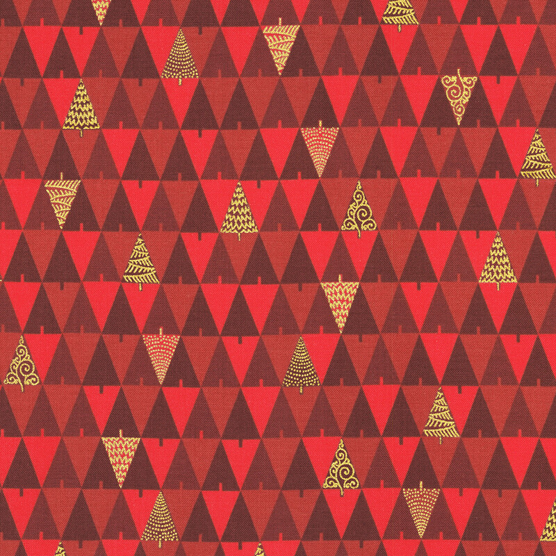 Red patterned fabric featuring alternating triangle and decorative tree shapes in gold and red..