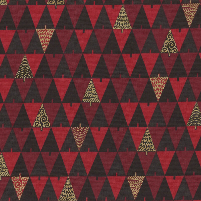 Pattern of red and black triangles featuring various stylized gold Christmas trees.