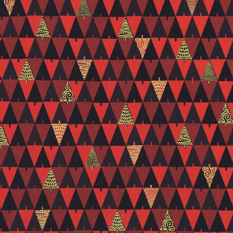 Pattern of red and black triangles featuring various stylized gold Christmas trees.