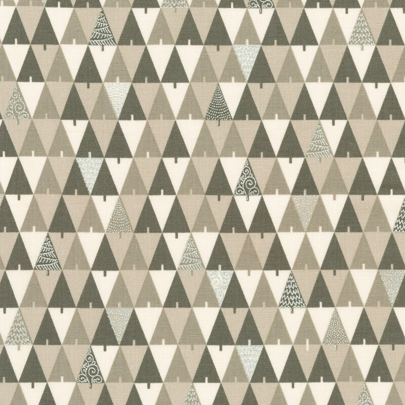 Pattern of interlocking triangles in neutral tones, featuring stylized trees in a repeating design.