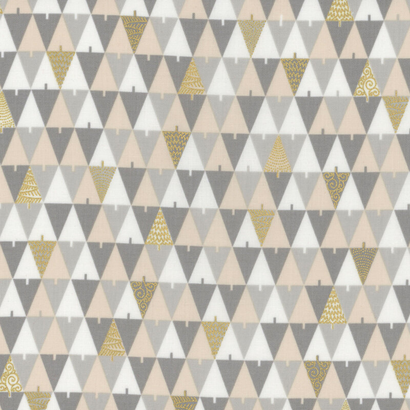 Pattern of stylized triangles in gray, white, and gold, resembling trees on a soft background.