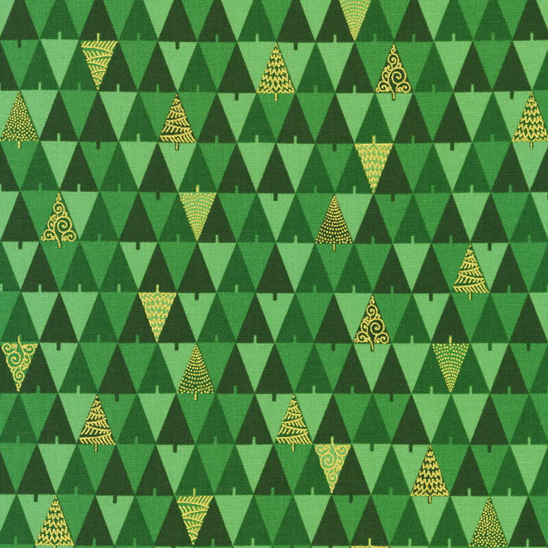 Patterned green fabric featuring various triangle shapes and stylized yellow Christmas trees.