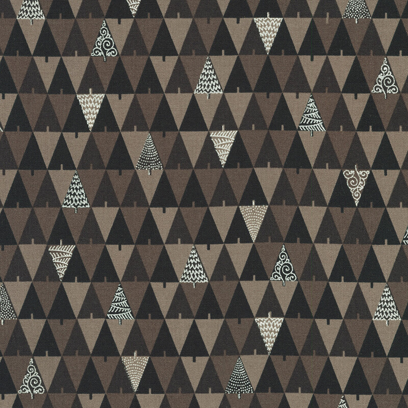 Patterned fabric featuring alternating triangles and stylized christmas trees in earthy tones on a dark background.