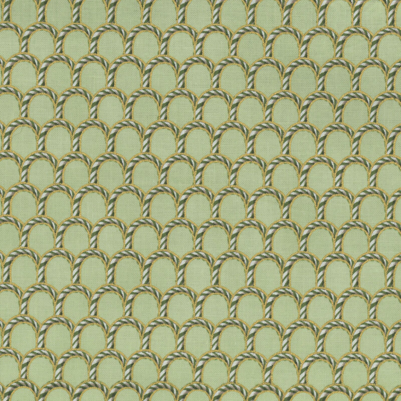 A repeating pattern of green and white candy canes on a green background, arranged in arches.