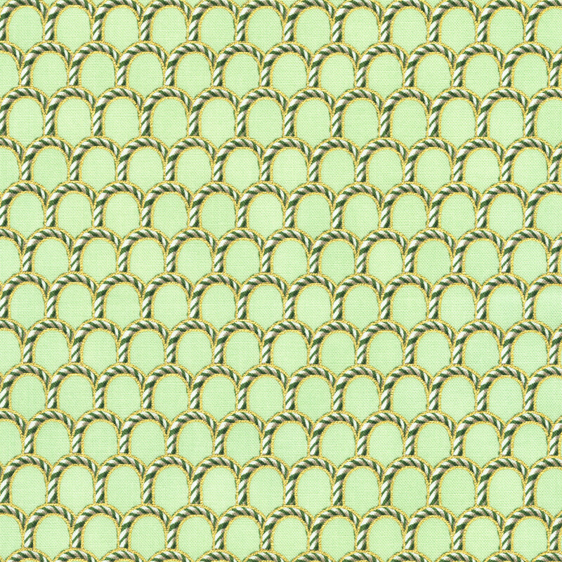 A repeating pattern of green and white candy canes on a green background, arranged in arches.