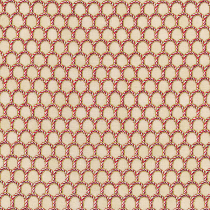 A repeating pattern of red and white candy canes on a cream background, arranged in arches.