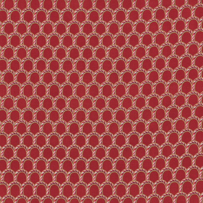 A repeating pattern of red and white candy canes on a red background, arranged in arches.