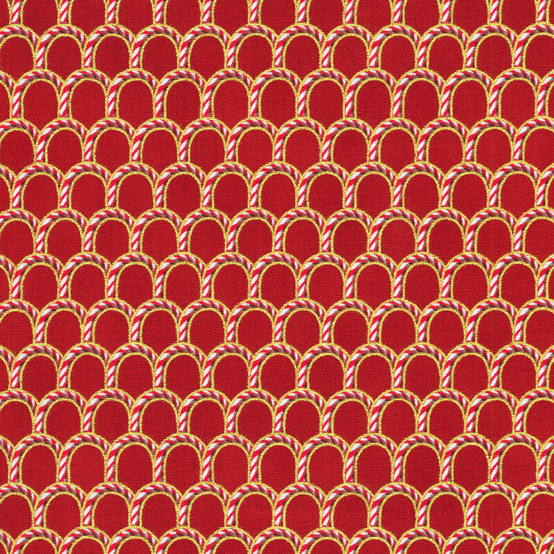 A repeating pattern of red and white candy canes on a red background, arranged in arches.