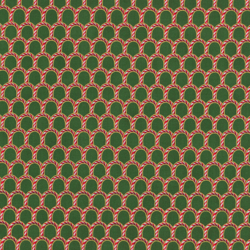 A repeating pattern of red and white candy canes on a green background, arranged in arches.