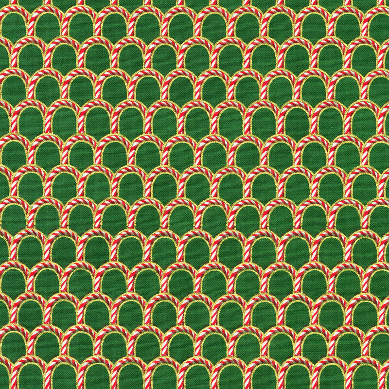 A repeating pattern of red and white candy canes on a green background, arranged in arches.