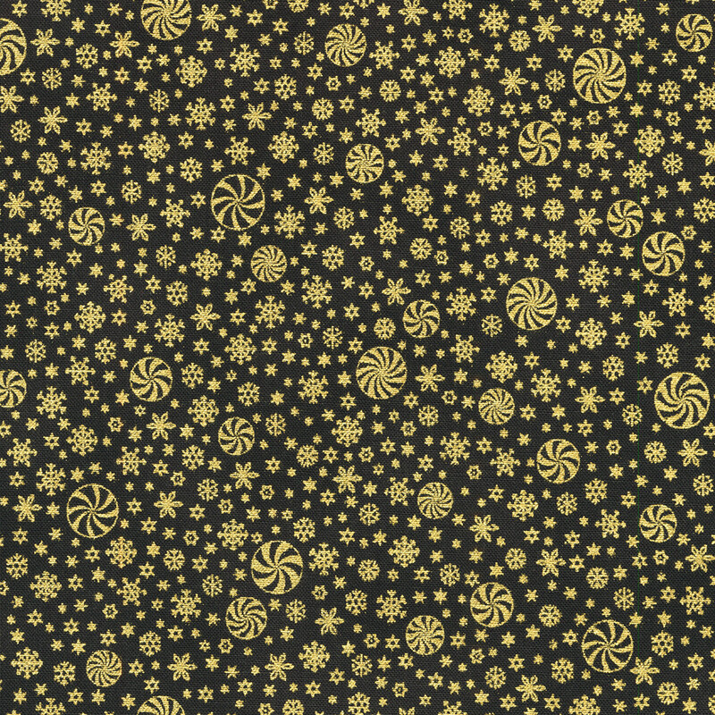 Black fabric adorned with golden snowflakes and peppermint patterns.