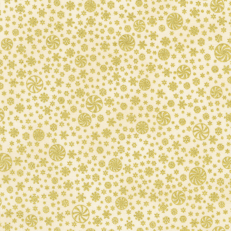 A cream fabric decorated with golden snowflakes and peppermints