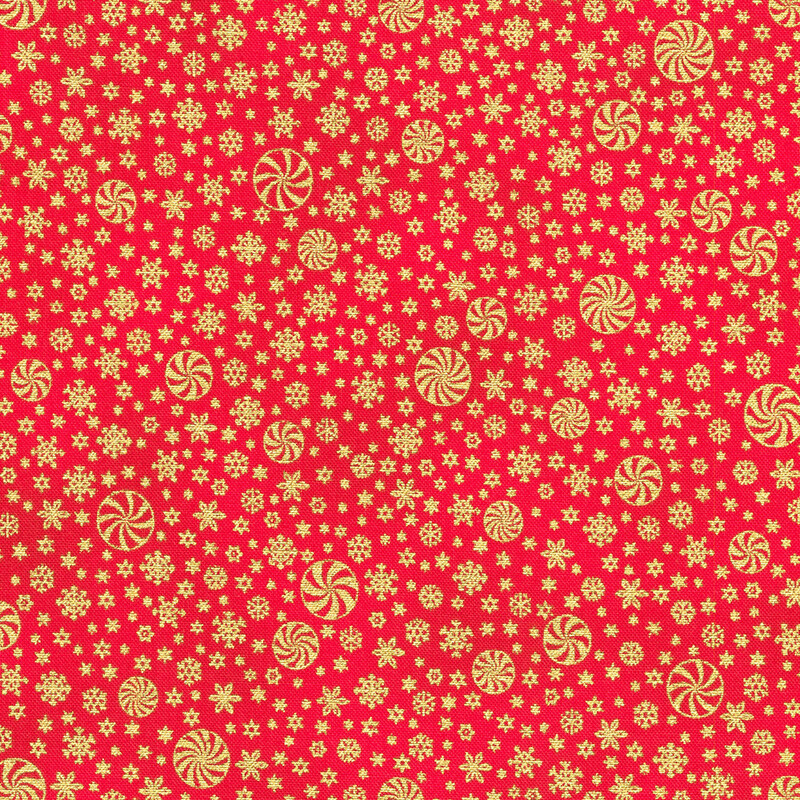 Red fabric with a festive design of golden snowflakes and pepermints on a red background.