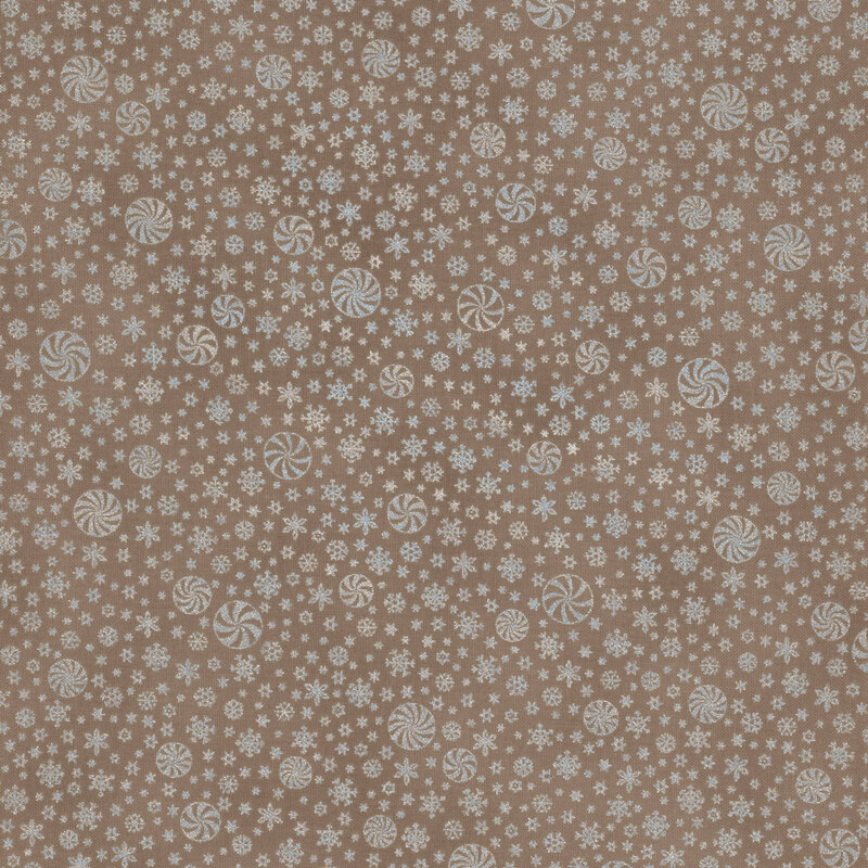 A taupe fabric covered with small silver patterns, including peppermints and snowflakes.