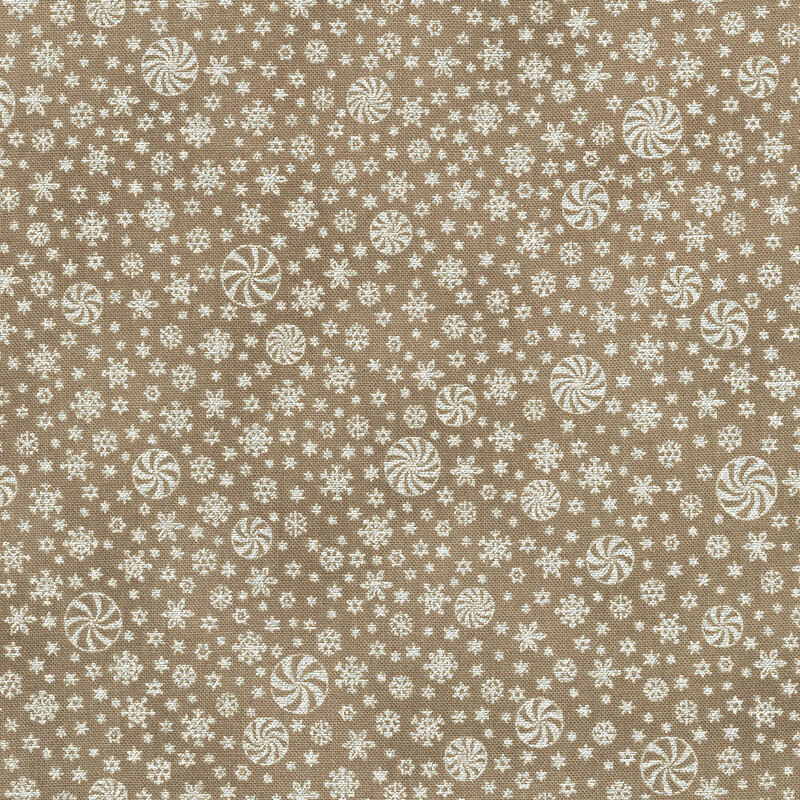 A taupe fabric covered with small silver patterns, including peppermints and snowflakes.