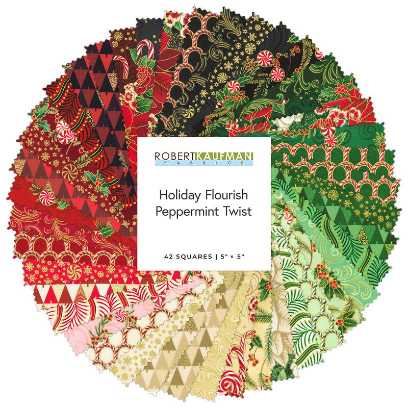 A circular arrangement of 42 fabric squares in holiday patterns and colors, labeled Holiday Flourish Peppermint Twist.