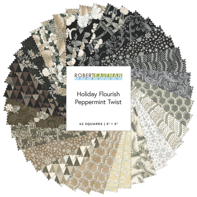 Collection of 42 fabric squares in various patterns and shades, labeled Holiday Flourish Peppermint Twist.