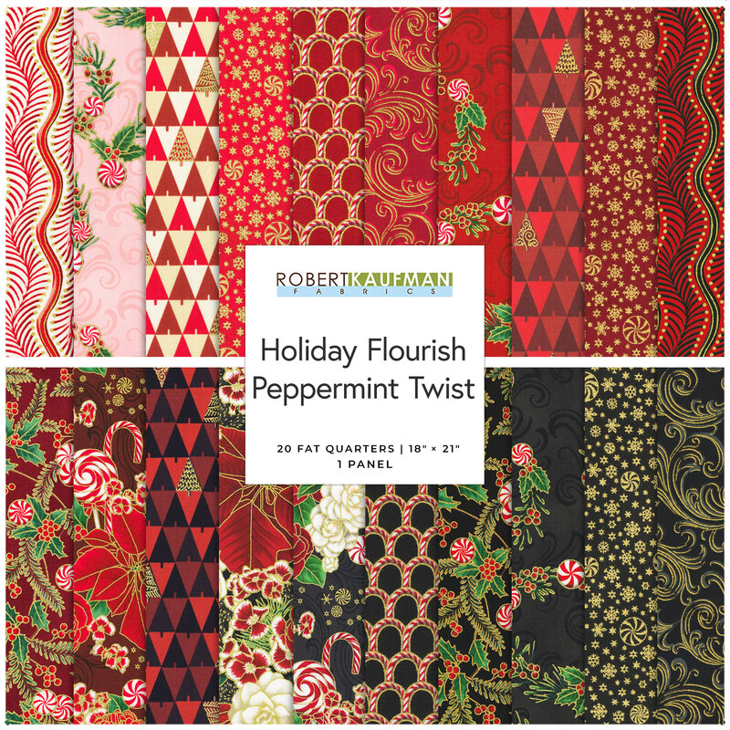 Fat quarter fabric set featuring vibrant holiday patterns in red, green, and black