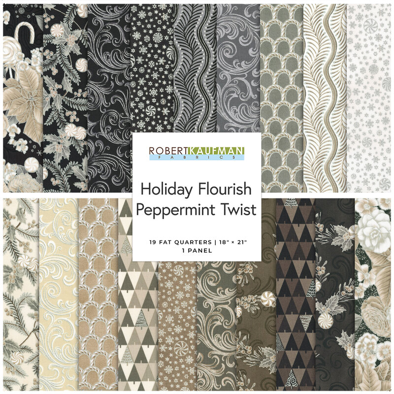 A collection of patterned fabric fat quarters titled Holiday Flourish Peppermint Twist.