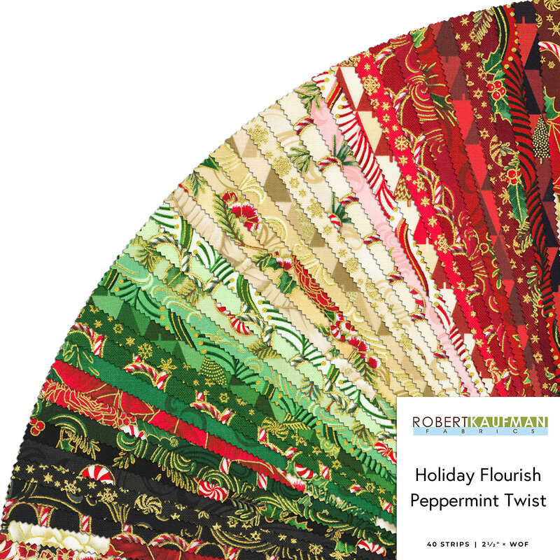 A fan of colorful fabric strips in holiday patterns, labeled Holiday Flourish Peppermint Twist.