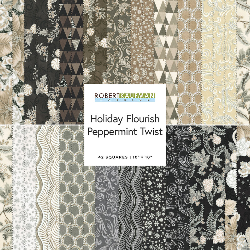 Patterned fabric collection titled Holiday Flourish Peppermint Twist by Robert Kaufman, featuring various designs in neutral tones.