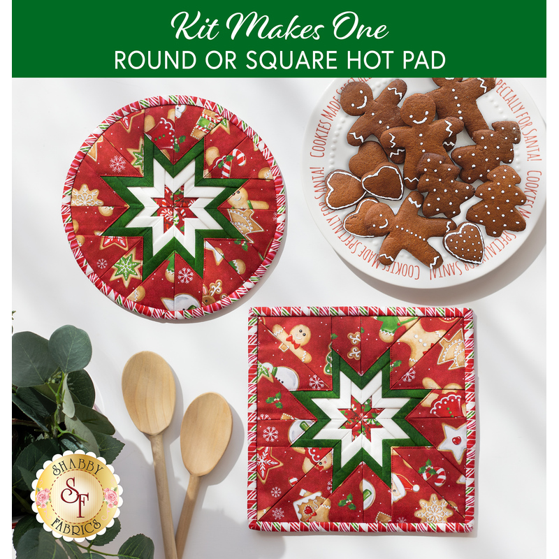 Top down shot showing the two completed possible versions of the hot pads in red, staged on a white table with a decorative plant, wooden spoons, and a plate of gingerbread cookies.