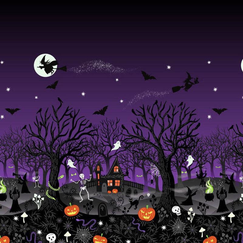 A spooky Halloween scene featuring a haunted house, skeletons, bats, pumpkins, and ghosts against a purple sky.