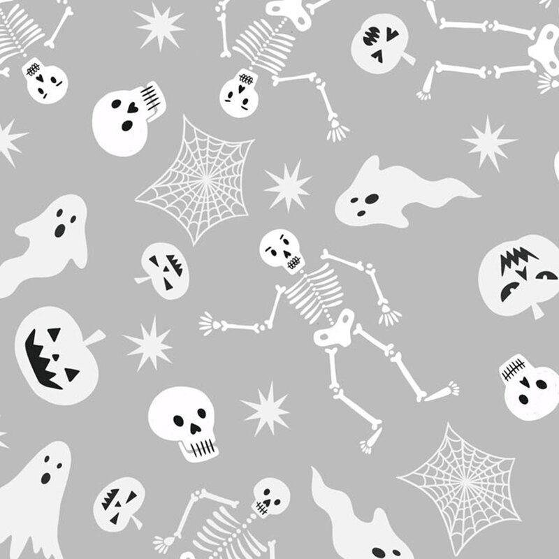 A gray background filled with white Halloween motifs like skeletons, ghosts, skulls, and spiderwebs.