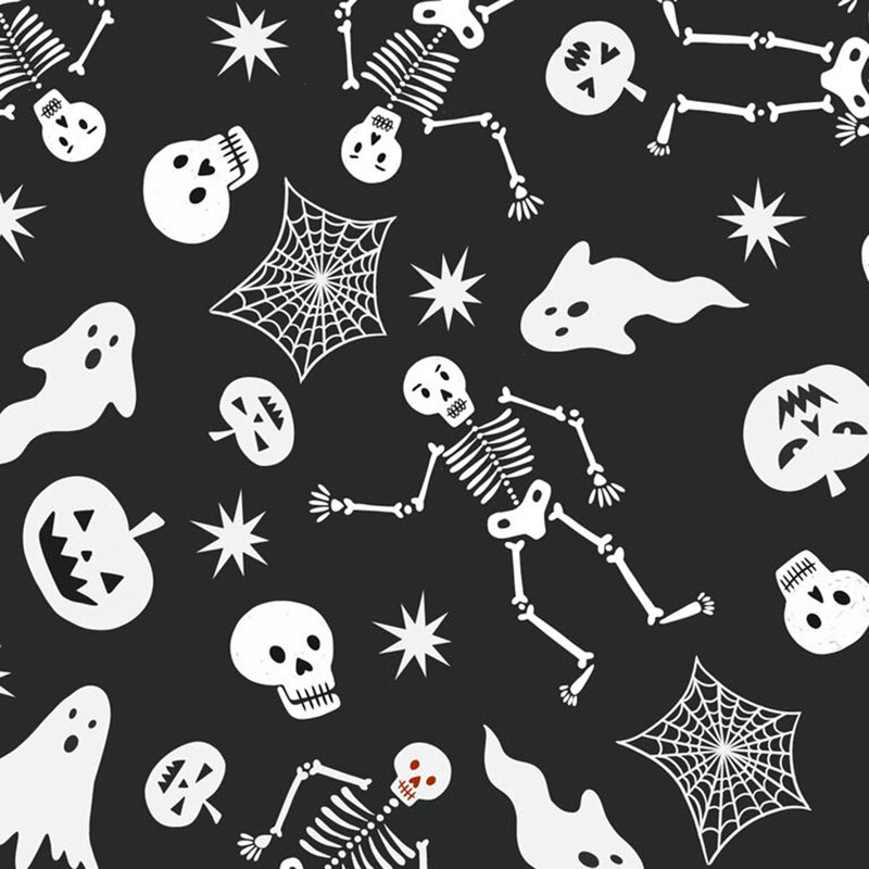 A black background filled with white Halloween motifs like skeletons, ghosts, skulls, and spiderwebs.