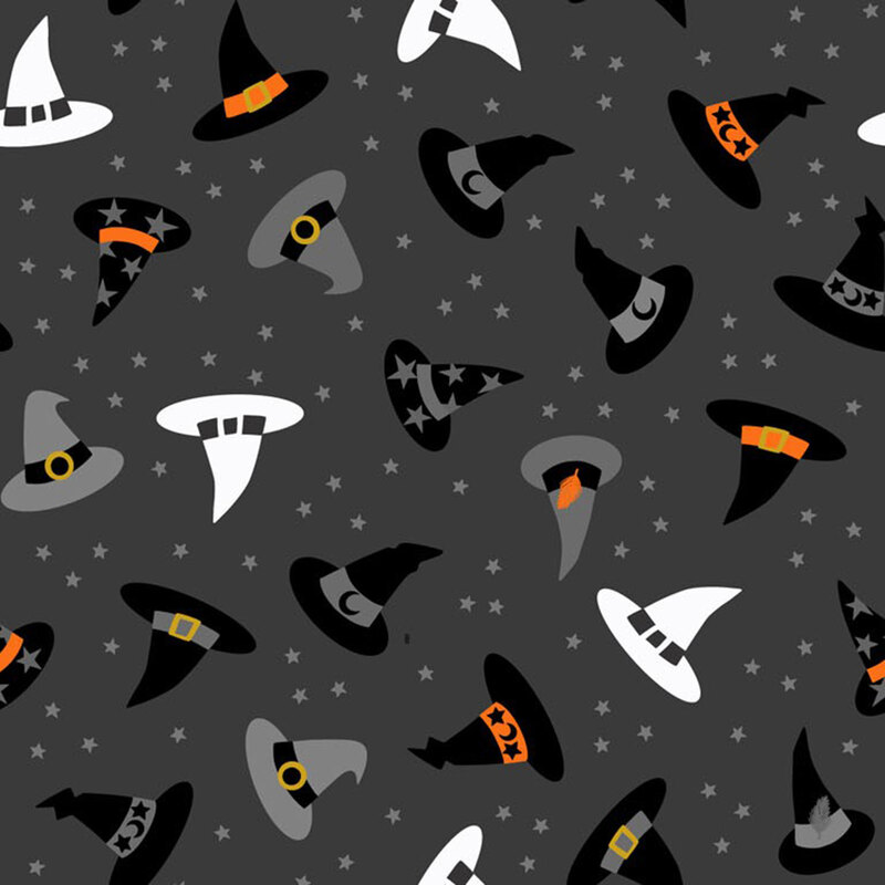 Various witch hats in black, orange, white, and purple on a dark gray background with tiny stars.