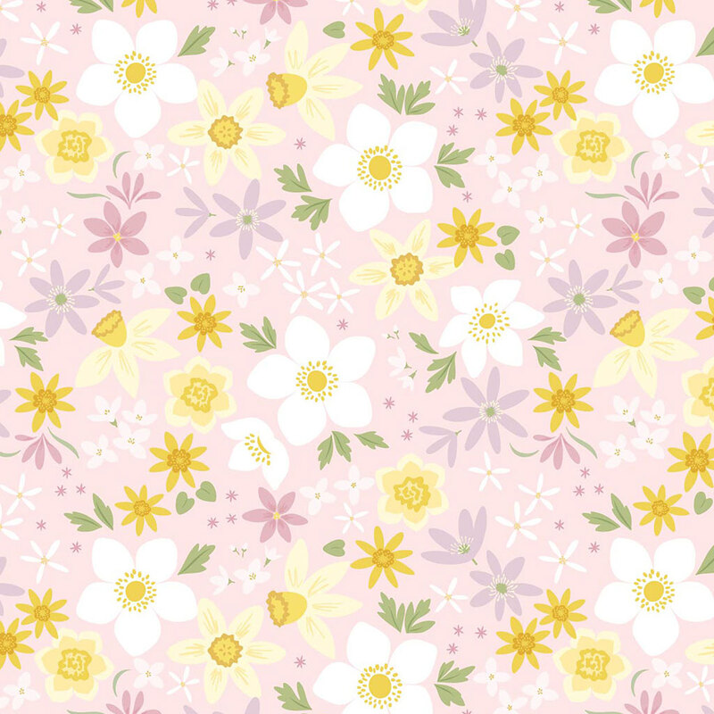 Light pink background covered with various colorful flowers, including white, yellow, and purple blooms.