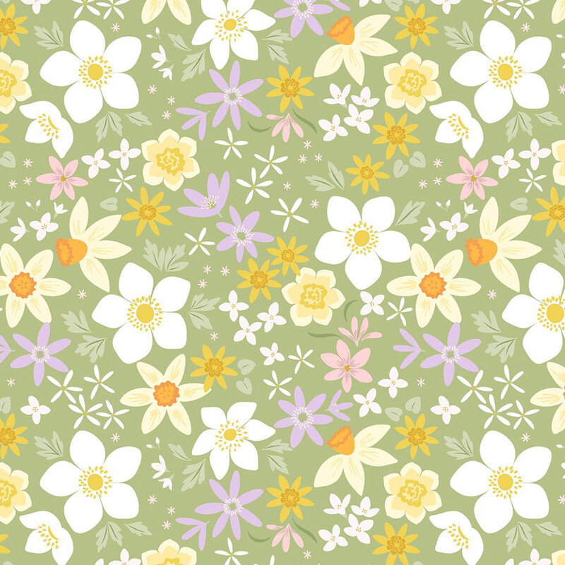 A floral pattern featuring various colorful flowers on a soft green background.