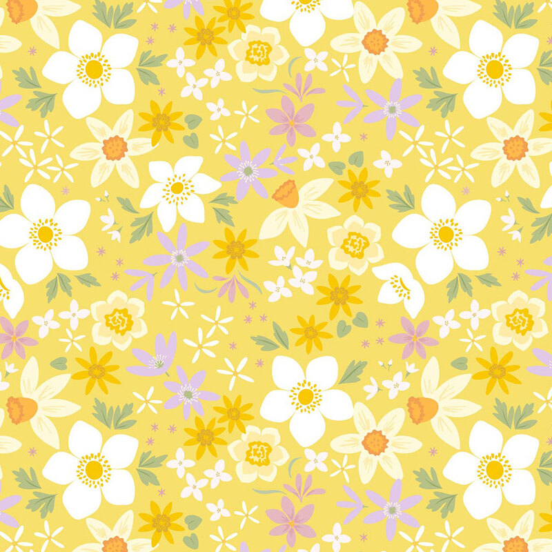 Pattern of various flowers in white, yellow, and purple against a soft yellow background.