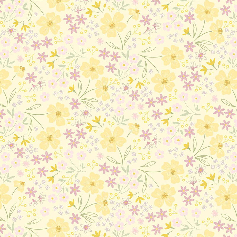 A light cream background covered with delicate pink and yellow flowers and green leaves.