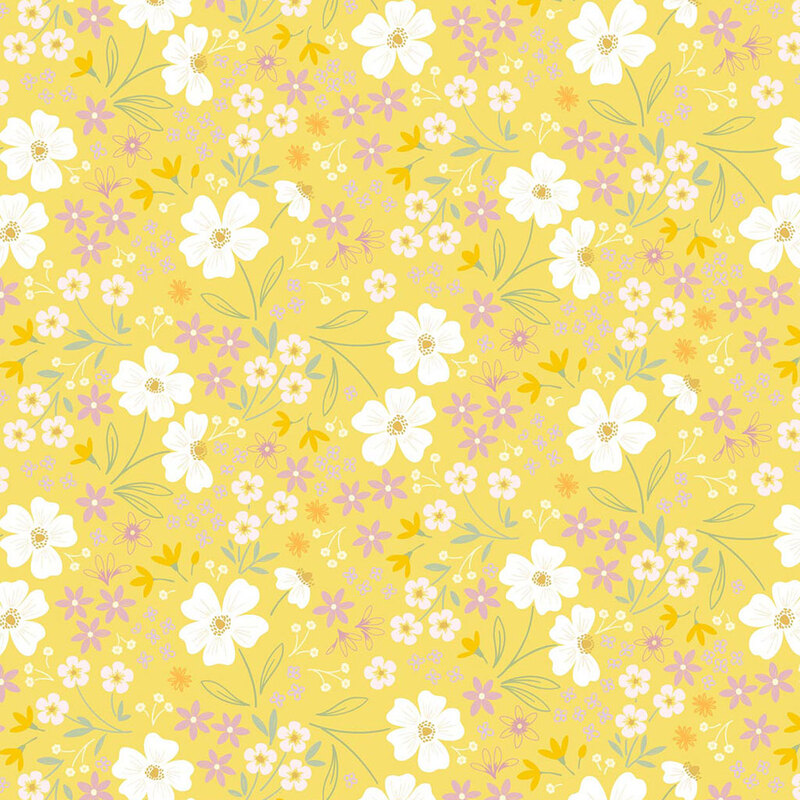 A yellow floral pattern featuring white and purple flowers with green leaves.