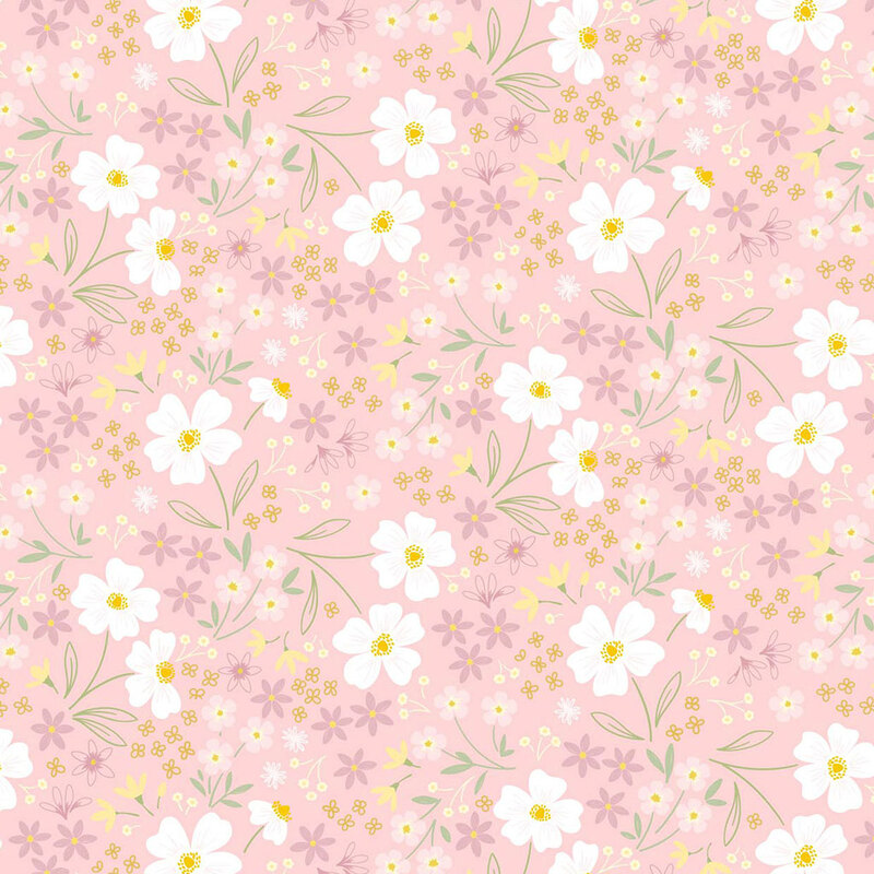 A repeating pattern of white flowers and small yellow and pink floral accents on a pastel pink background.