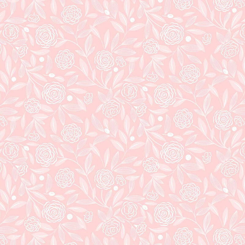 A light pink floral pattern featuring white roses and green leaves.