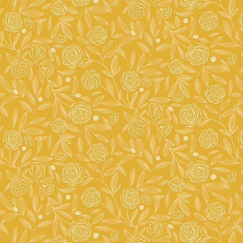 Floral pattern featuring white roses and leaves on a mustard yellow background.