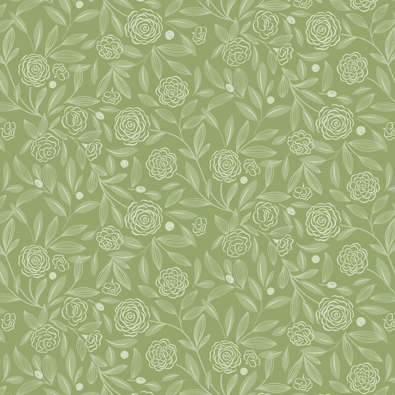 Seamless pattern of light-colored roses and leaves on a soft green background.