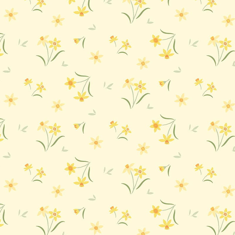 A seamless pattern of small yellow flowers and green leaves on a pale yellow background.