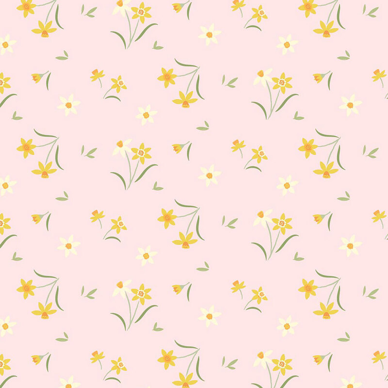 Light pink background with a pattern of yellow flowers and green leaves.