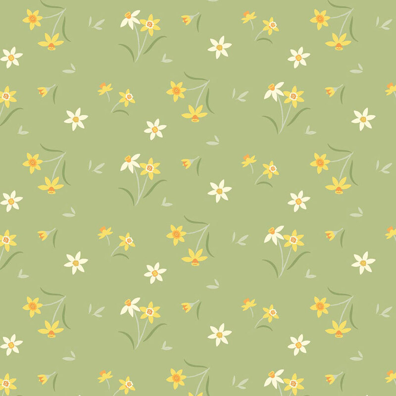 Pattern of small yellow and white flowers on a soft green background with scattered leaves.