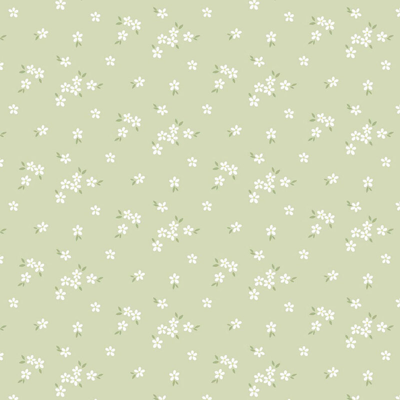 Light green background featuring a scattered pattern of small white flowers and green leaves.